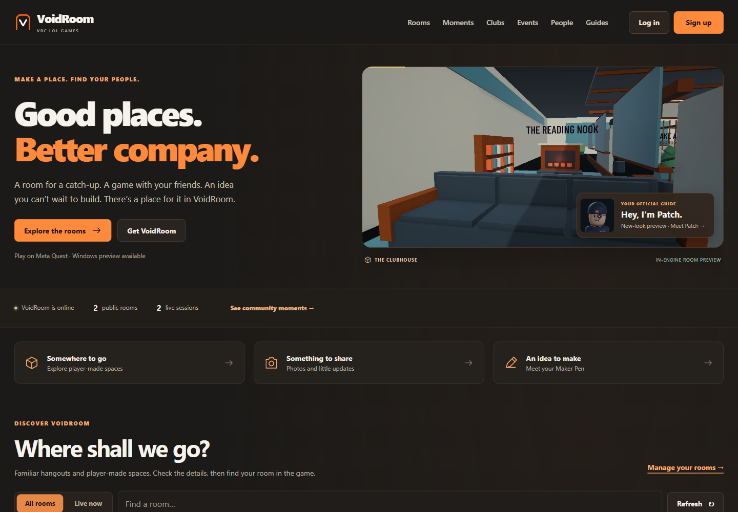 The published VoidRoom home page with its orange and charcoal design, Clubhouse preview and Patch guide card
